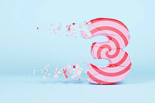 Gebroken verbrijzelde alfabet nummer 3. Geplette Kerstmis lettertype gemaakt van roze en rood gestreepte lollipop. 3D render. — Stockfoto