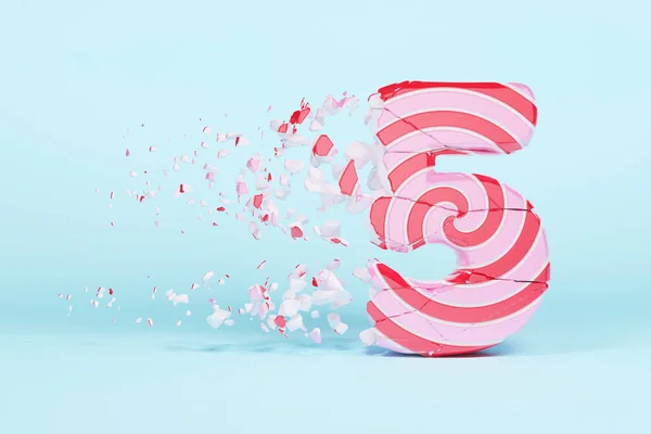 Megtört, összetört ábécé száma 5. Zúzott karácsonyi betűtípus, a rózsaszín és piros csíkos nyalóka. 3D render. — Stock Fotó
