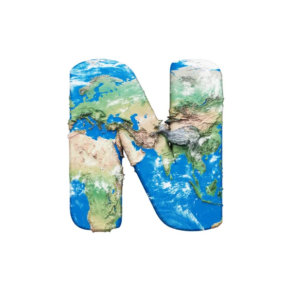 Verdens jordglobe alfabet bokstav N uppercase. Global font med NASAs kart. 3D-puss isolert på hvit bakgrunn . – stockfoto