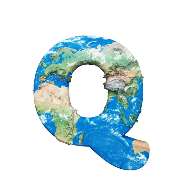 世界地球地球仪字母 Q 大写。全球通用字体与 Nasa 地图。3d 渲染在白色背景下被隔离. — 图库照片