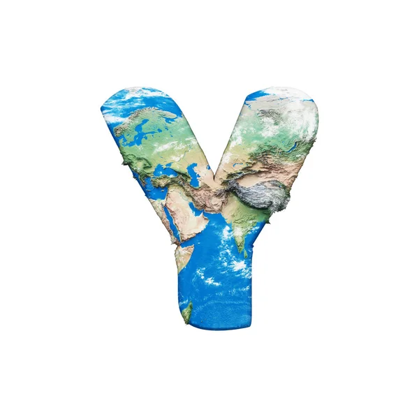 Mundo terra globo alfabeto letra Y maiúscula. Global worldwide font with NASA map. Renderização 3D isolada em fundo branco . — Fotografia de Stock