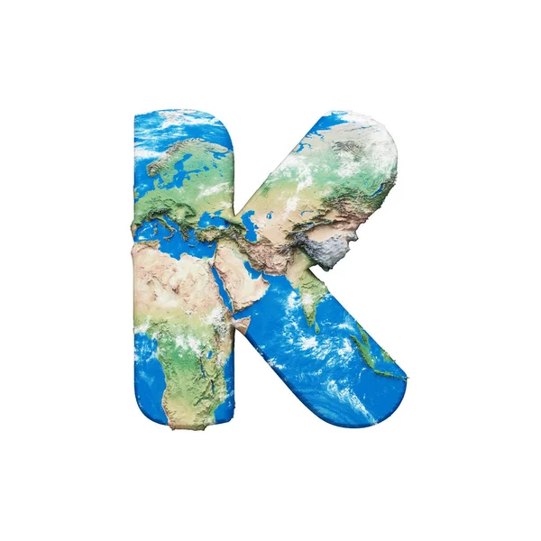 Wereld earth globe alfabet letter K hoofdletters. Mondiale wereldwijde lettertype met Nasa kaart. 3D render geïsoleerd op witte achtergrond. — Stockfoto