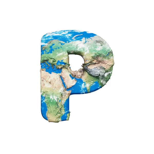 Welt Erde Globus Alphabet Buchstabe p Großbuchstaben. globale weltweite Schrift mit nasa map. 3D-Darstellung isoliert auf weißem Hintergrund. — Stockfoto