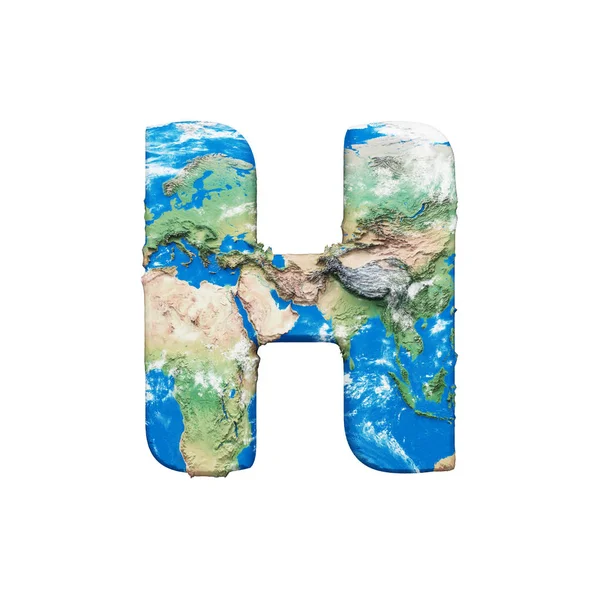 世界地球地球仪字母 H 大写。全球通用字体与 Nasa 地图。3d 渲染在白色背景下被隔离. — 图库照片