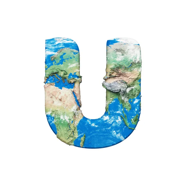 世界地球地球仪字母 U 大写。全球通用字体与 Nasa 地图。3d 渲染在白色背景下被隔离. — 图库照片
