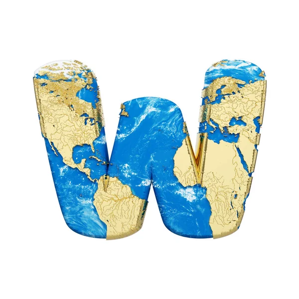 Mundo terra globo alfabeto letra W maiúscula. Global worldwide font with NASA map. Renderização 3D isolada em fundo branco . — Fotografia de Stock