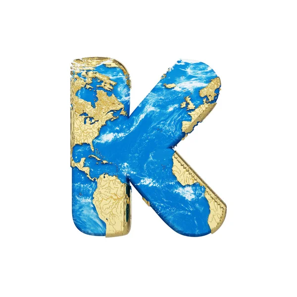 Wereld earth globe alfabet letter K hoofdletters. Mondiale wereldwijde lettertype met Nasa kaart. 3D render geïsoleerd op witte achtergrond. — Stockfoto