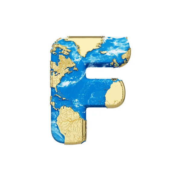 Wereld earth globe alfabet letter F hoofdletters. Mondiale wereldwijde lettertype met Nasa kaart. 3D render geïsoleerd op witte achtergrond. — Stockfoto