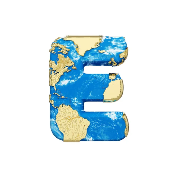 Алфавит мира земного шара буква Е прописная. Глобальный шрифт с картой НАСА. 3D рендеринг на белом фоне . — стоковое фото