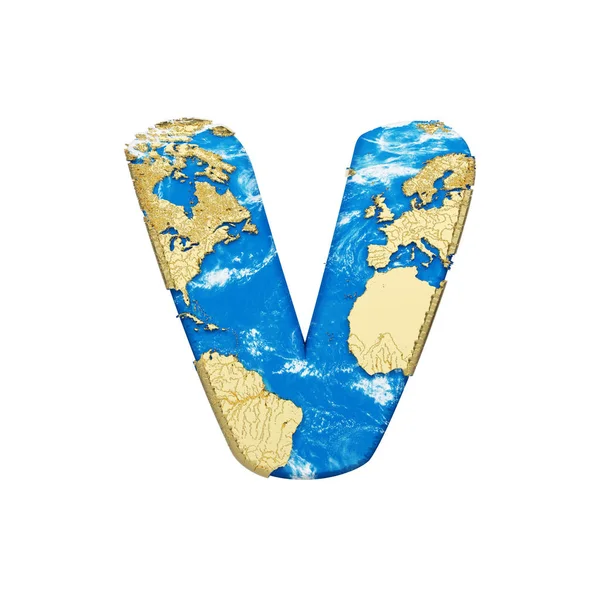 Világ föld globe ábécé levél V nagybetűs. Globális világszerte betűtípus Nasa megjelenítése. 3D render elszigetelt fehér background. — Stock Fotó