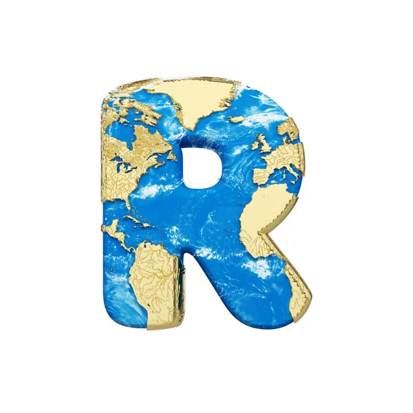 World earth globe alphabet letter R uppercase. Global worldwide font with NASA map. 3D render isolated on white background. — Stock Photo, Image