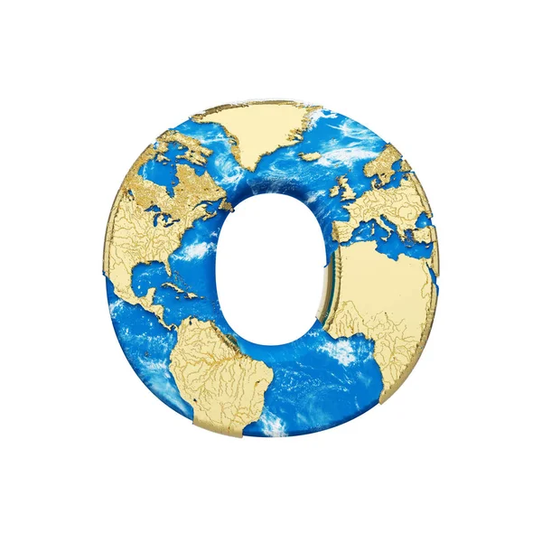 世界地球地球仪字母 O 大写。全球通用字体与 Nasa 地图。3d 渲染在白色背景下被隔离. — 图库照片