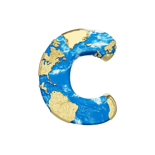 Алфавит мира земного шара буква С прописная. Глобальный шрифт с картой НАСА. 3D рендеринг на белом фоне . — стоковое фото