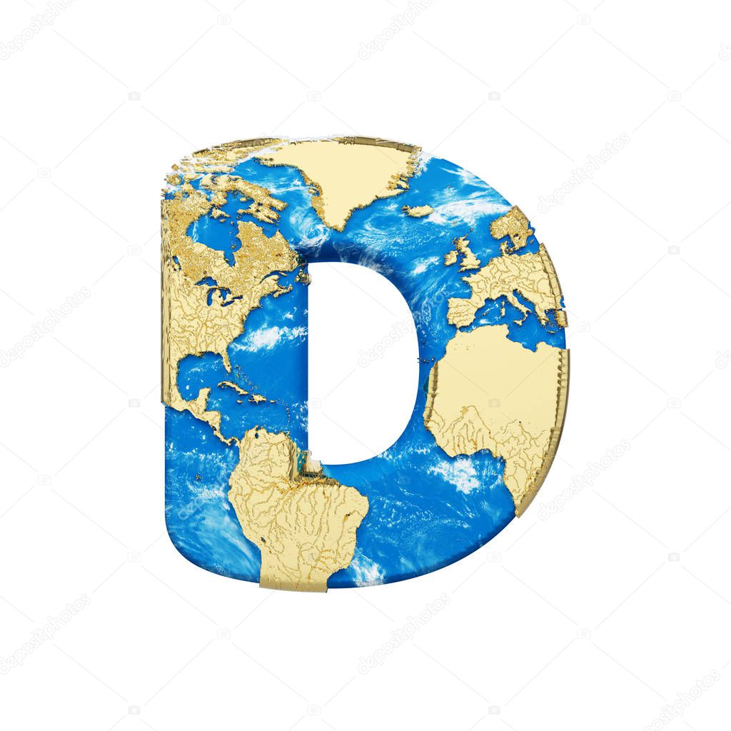 World earth globe alphabet letter D uppercase. Global worldwide font with NASA map. 3D render isolated on white background.