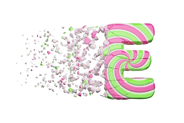 Letra quebrada do alfabeto E. Fonte esmagada feita de pirulito listrado rosa e verde. Renderização 3D isolada em fundo branco . — Fotografia de Stock