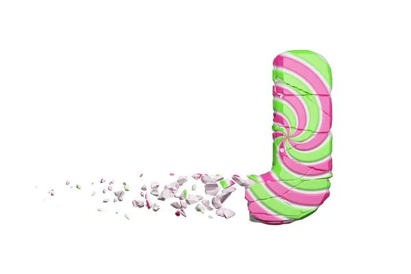깨진 부서진된 알파벳 편지 제이 분쇄 된 글꼴 분홍색과 녹색 줄무늬 사탕의 만든. 흰색 배경에 고립 된 3 차원 렌더링. — 스톡 사진