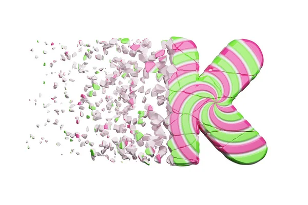 Brutna krossade alfabetet bokstaven K. krossad teckensnitt gjorda av rosa och grön randig slickepinne. 3D render isolerad på vit bakgrund. — Stockfoto