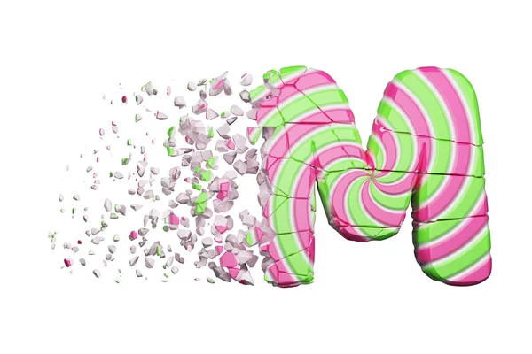 Broken shattered alphabet letter M. Crushed font made of pink and green striped lollipop. 3D render isolated on white background. — Stock Photo, Image