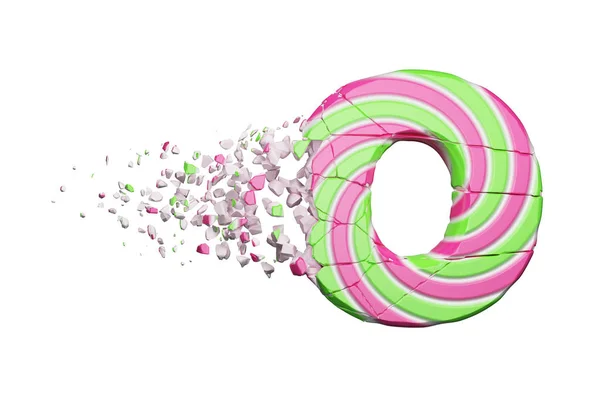 Gebroken verbrijzelde alfabet letter O. Crushed lettertype van roze en groen gestreepte lollipop gemaakt. 3D render geïsoleerd op witte achtergrond. — Stockfoto