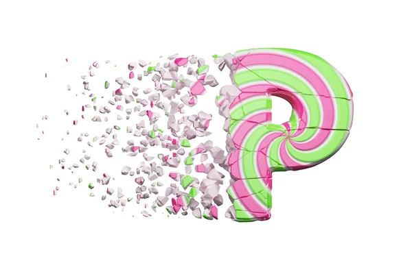 Letra quebrada do alfabeto P. Fonte esmagada feita de pirulito listrado rosa e verde. Renderização 3D isolada em fundo branco . — Fotografia de Stock