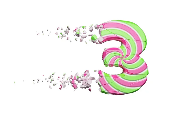 Brutna krossade alfabetet nummer 3. Krossade teckensnitt gjorda av rosa och grön randig slickepinne. 3D render isolerad på vit bakgrund. — Stockfoto
