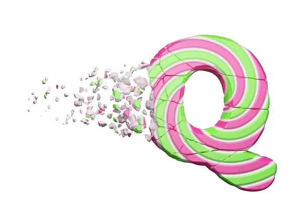 Розбита літера Q. Подрібнений шрифт з рожевого і зеленого льодяника. 3D візуалізація ізольована на білому тлі . — стокове фото