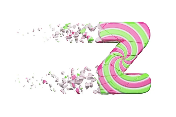 Gebroken verbrijzelde alfabet letter Z. Crushed lettertype van roze en groen gestreepte lollipop gemaakt. 3D render geïsoleerd op witte achtergrond. — Stockfoto