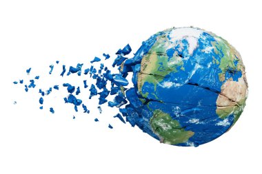 Broken shattered planet earth globe isolated on white background. Blue and green realistic world with particles and debris. clipart