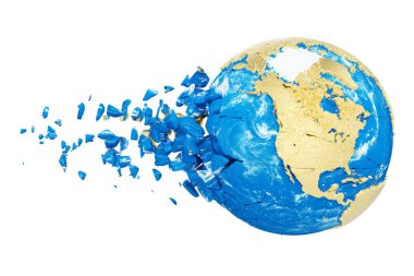 Beyaz arka plan üzerinde izole kırık parçalanmış gezegen dünya küre. Parçacıklar ve enkaz ile altın metalik dünya.