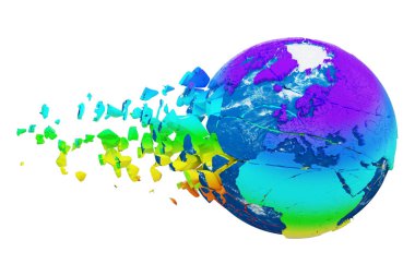 Beyaz arka plan üzerinde izole kırık parçalanmış gezegen dünya küre. Gökkuşağı gerçekçi dünya parçacıklar ve enkaz ile.