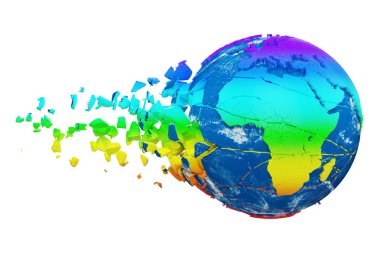 Beyaz arka plan üzerinde izole kırık parçalanmış gezegen dünya küre. Gökkuşağı gerçekçi dünya parçacıklar ve enkaz ile.