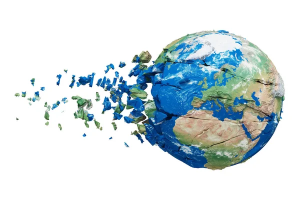 Broken shattered planet earth globe isolated on white background. Blue and green realistic world with particles and debris. — Stock Photo, Image