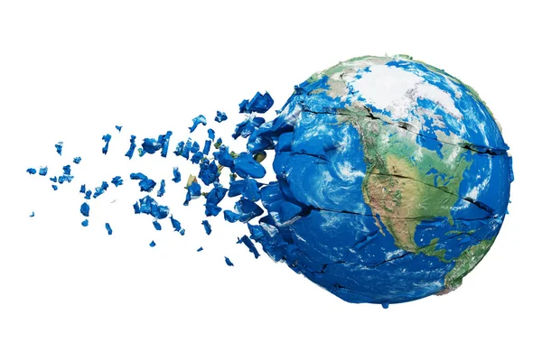Broken shattered planet earth globe isolated on white background. Blue and green realistic world with particles and debris. — Stock Photo, Image