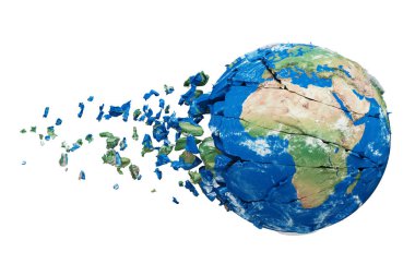 Beyaz arka plan üzerinde izole kırık parçalanmış gezegen dünya küre. Mavi ve yeşil gerçekçi dünya parçacıklar ve enkaz ile.