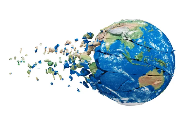 Broken shattered planet earth globe isolated on white background. Blue and green realistic world with particles and debris. — Stock Photo, Image