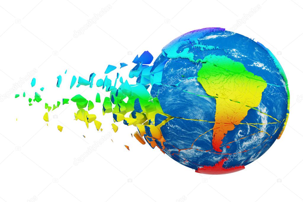 Broken shattered planet earth globe isolated on white background. Rainbow realistic world with particles and debris.