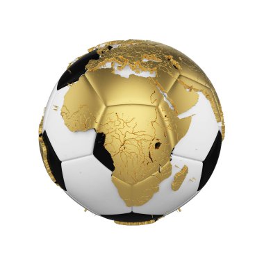 Beyaz arka plan üzerinde izole gezegen dünya küre konsepti ile futbol topu. Altın metal kıta ile futbol topu.