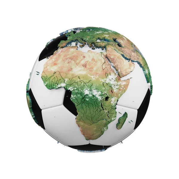 Ballon de football avec planète globe terrestre concept isolé sur fond blanc. Ballon de football avec des continents réalistes . — Photo