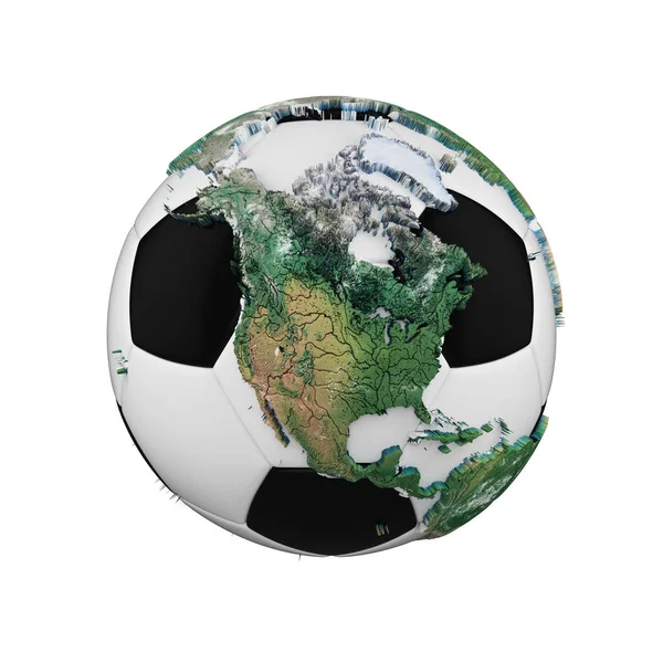 Ballon de football avec planète globe terrestre concept isolé sur fond blanc. Ballon de football avec des continents réalistes . — Photo