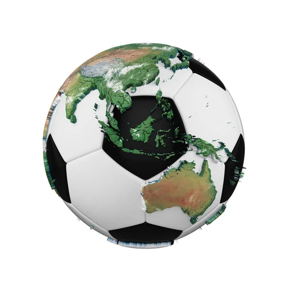 足球球与地球地球的概念查出的白色背景。与现实大陆的足球球. — 图库照片
