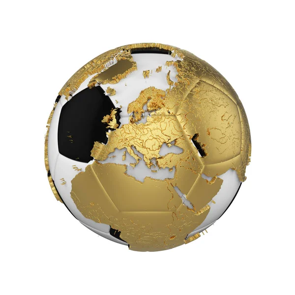 Μπάλα ποδοσφαίρου με τον πλανήτη γη πλανήτη έννοια απομονώνονται σε λευκό φόντο. Μπάλα ποδοσφαίρου με χρυσό μεταλλικό ηπείρους. — Φωτογραφία Αρχείου