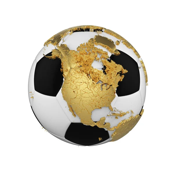 Fußball mit Planet Erde Globus Konzept isoliert auf weißem Hintergrund. Fußball mit goldenen Metallkontinenten. — Stockfoto