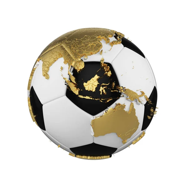 Fotbalový míč s planety země světa koncepce izolovaných na bílém pozadí. Fotbalový míč s zlaté kovové kontinenty. — Stock fotografie
