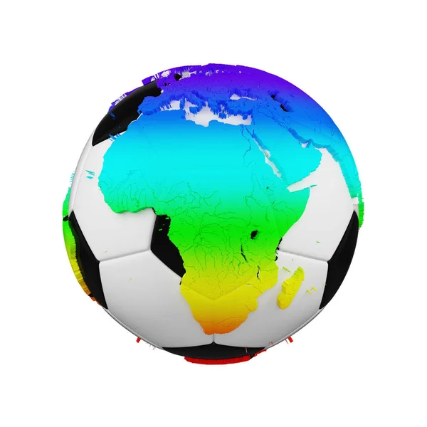 Voetbal met planet earth globe concept geïsoleerd op een witte achtergrond. Voetbal bal met regenboog continenten. — Stockfoto