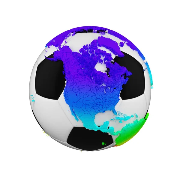 Voetbal met planet earth globe concept geïsoleerd op een witte achtergrond. Voetbal bal met regenboog continenten. — Stockfoto