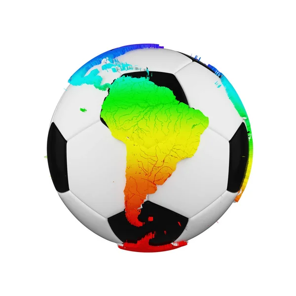 Ballon de football avec planète globe terrestre concept isolé sur fond blanc. Ballon de football avec continents arc-en-ciel . — Photo