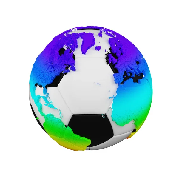 Fußball mit Planet Erde Globus Konzept isoliert auf weißem Hintergrund. Fußball mit Regenbogenkontinenten. — Stockfoto