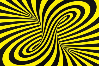 Polis şeritler gelen siyah ve sarı sarmal tünel. Çizgili bükülmüş hipnotik optik yanılsama. Uyarı Emanet arka plan.