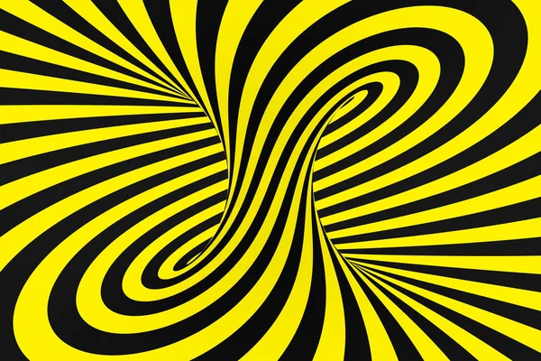 Svart och gul spiral tunnel från polisen band. Randig tvinnade hypnotiska optisk illusion. Varning säkerhet bakgrund. — Stockfoto