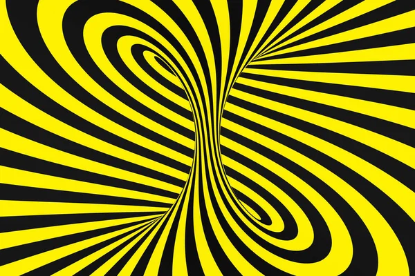 从警察丝带的黑色和黄色螺旋隧道。条纹扭曲催眠光学错觉。警告安全背景. — 图库照片
